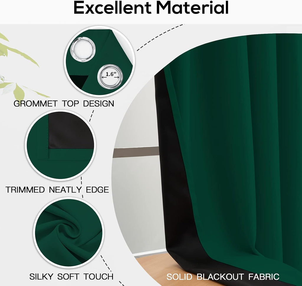Emerald Green Blackout Curtains 2 Panels 62W×96L
