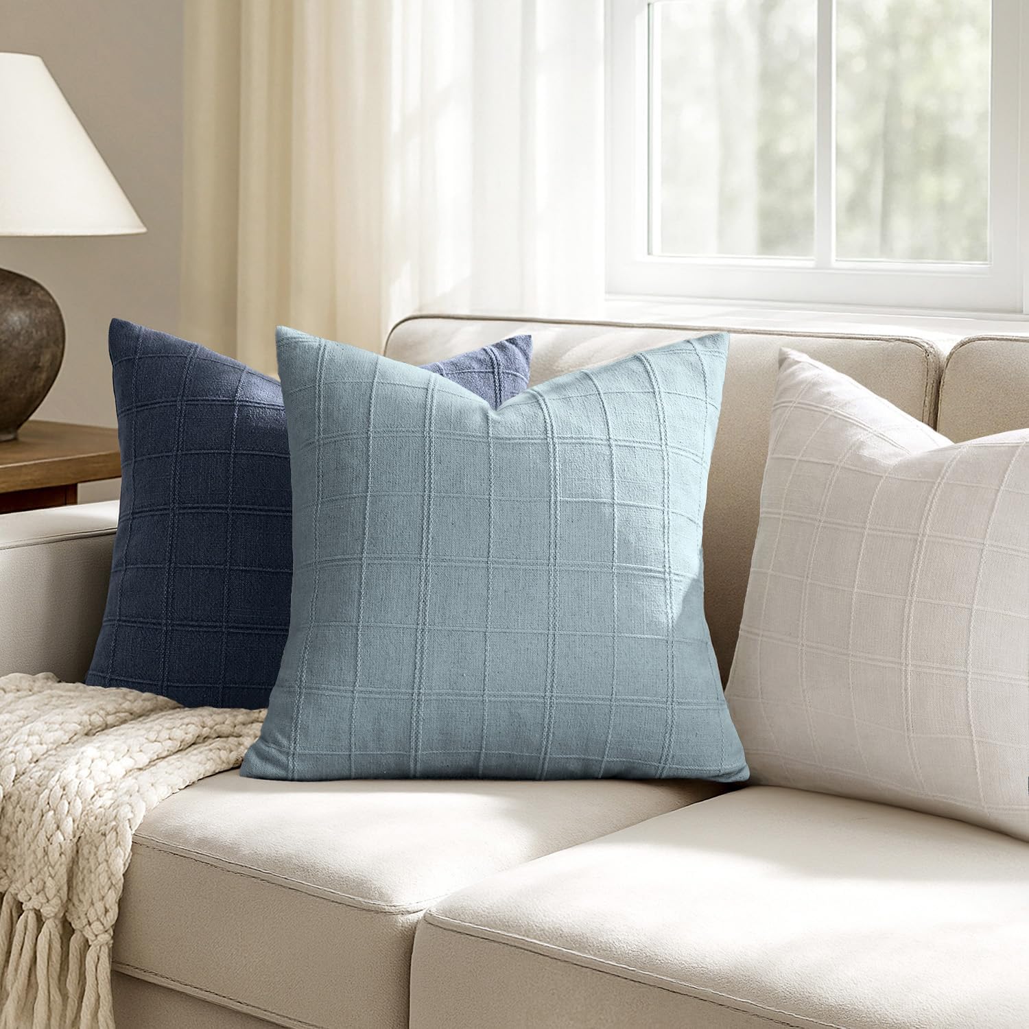Light Blue Check Linen Pillow Covers Set of 2, 24x24