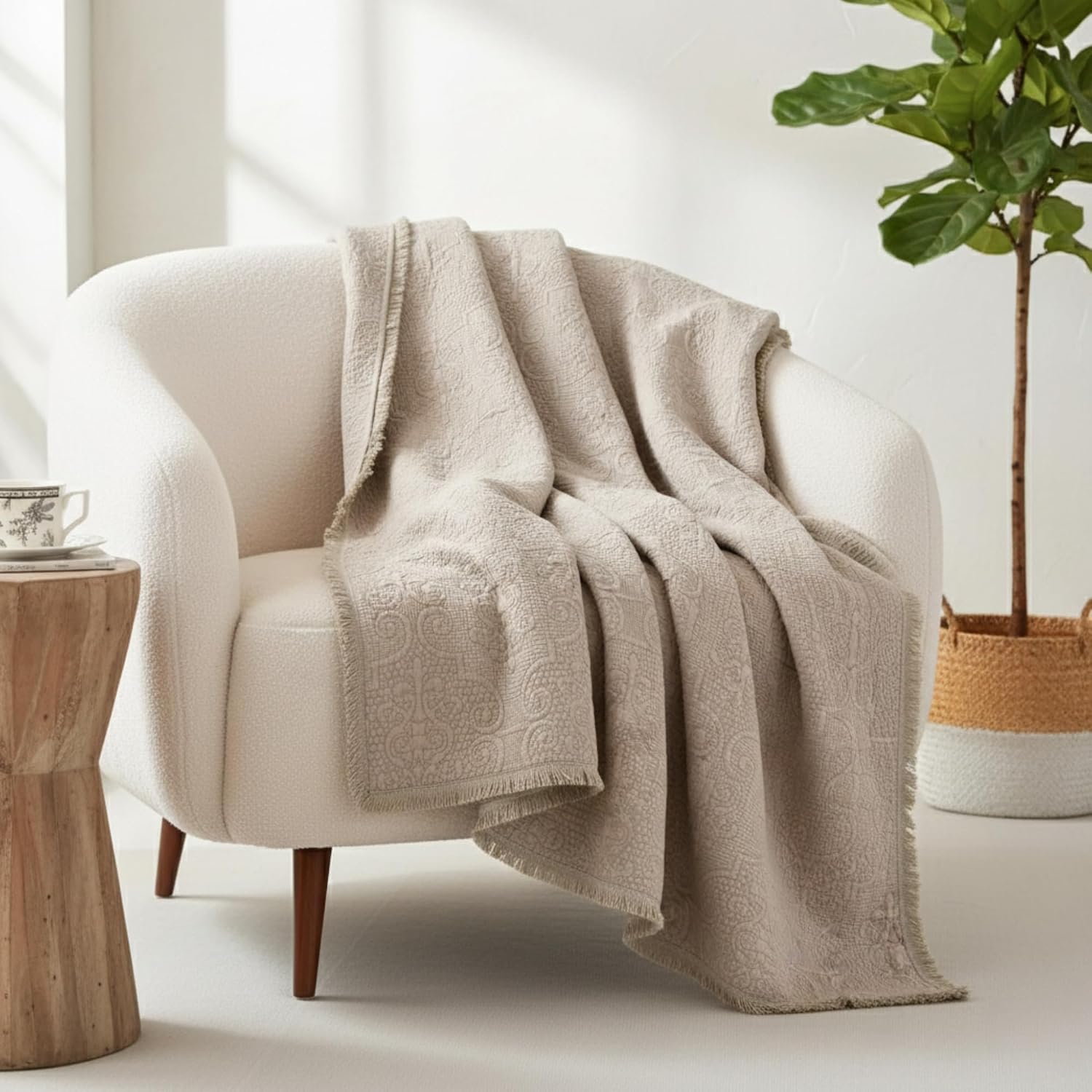 Taupe Cotton Quilted Throw With Fringe 50×60"
