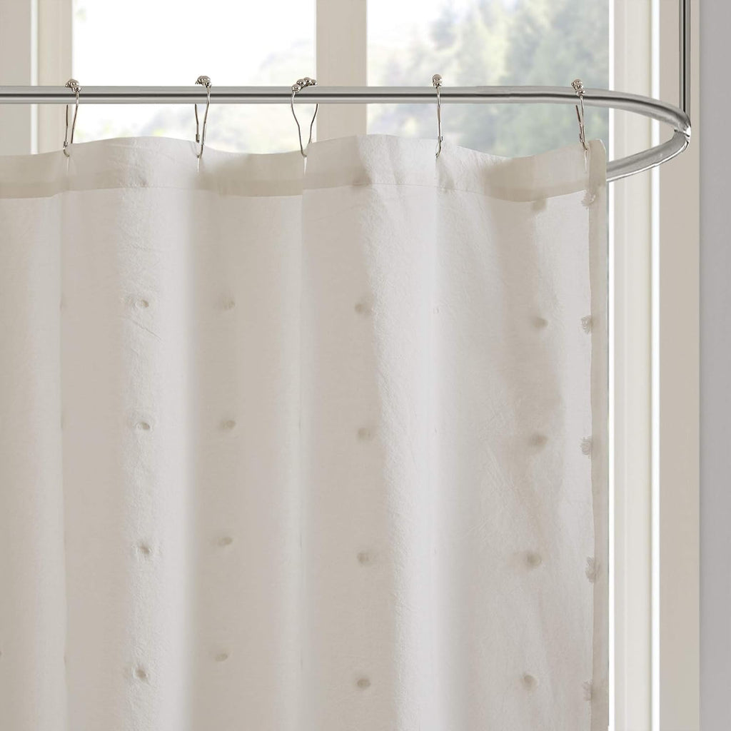 Ivory Jacquard Pom-Pom Fabric Shower Curtain