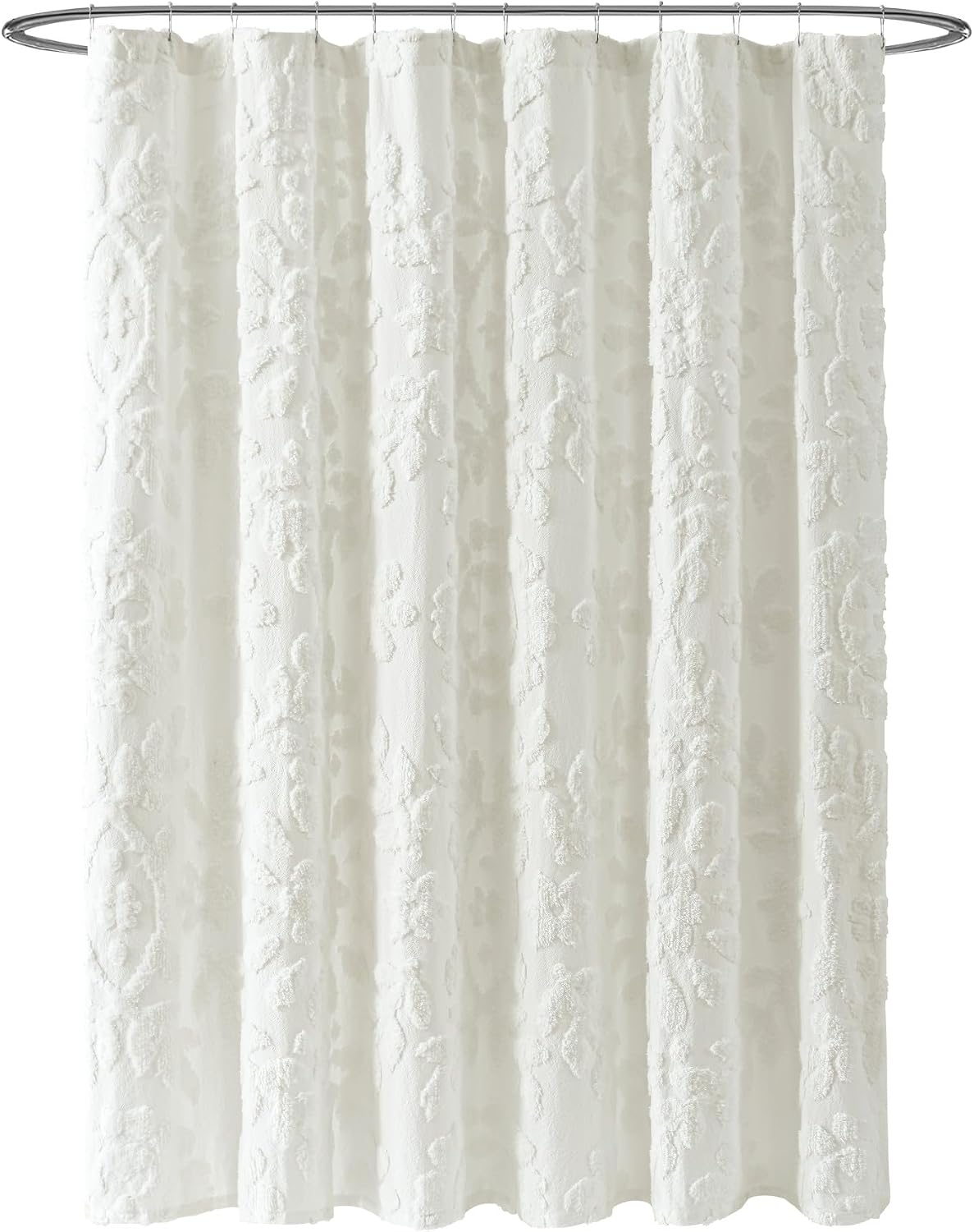 White Chenille Laurel Cotton Shower Curtain