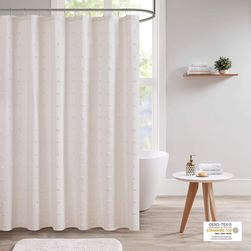 Ivory Jacquard Pom-Pom Fabric Shower Curtain
