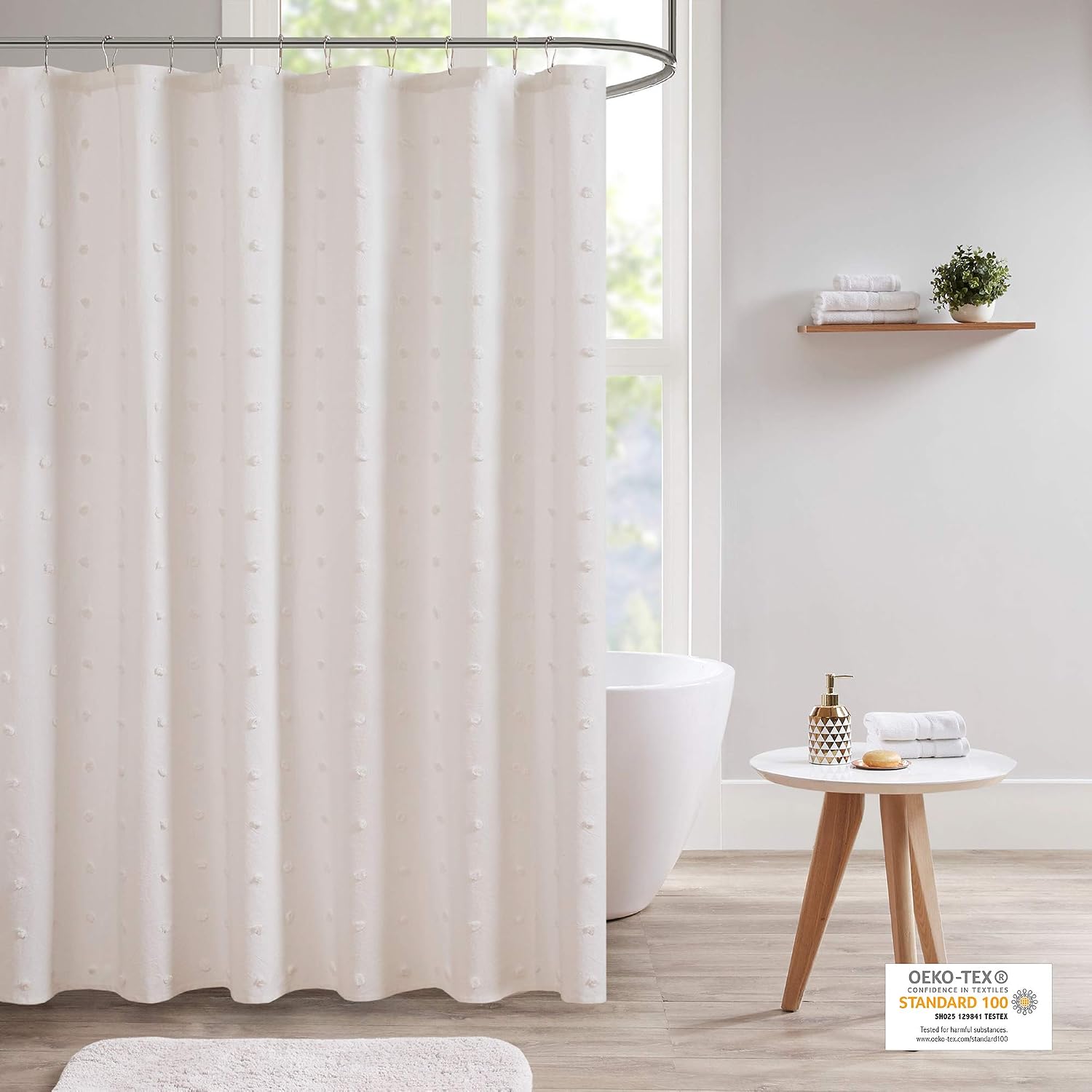 Ivory Jacquard Pom-Pom Fabric Shower Curtain