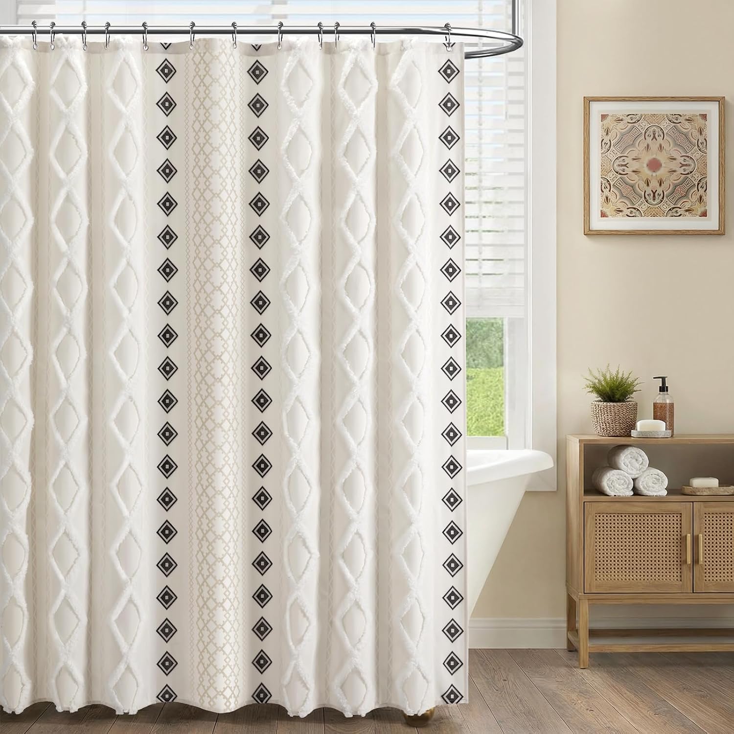 White Striped Print Boho Cotton Shower Curtain