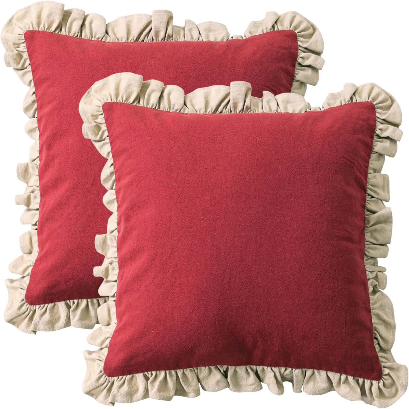 Vintage Red Ruffled Linen Pillow Covers Set of 2, 18"x18"