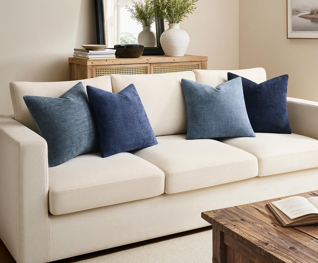 Neutral Blue Chenille Pillow Covers 4 Pack 22×22"