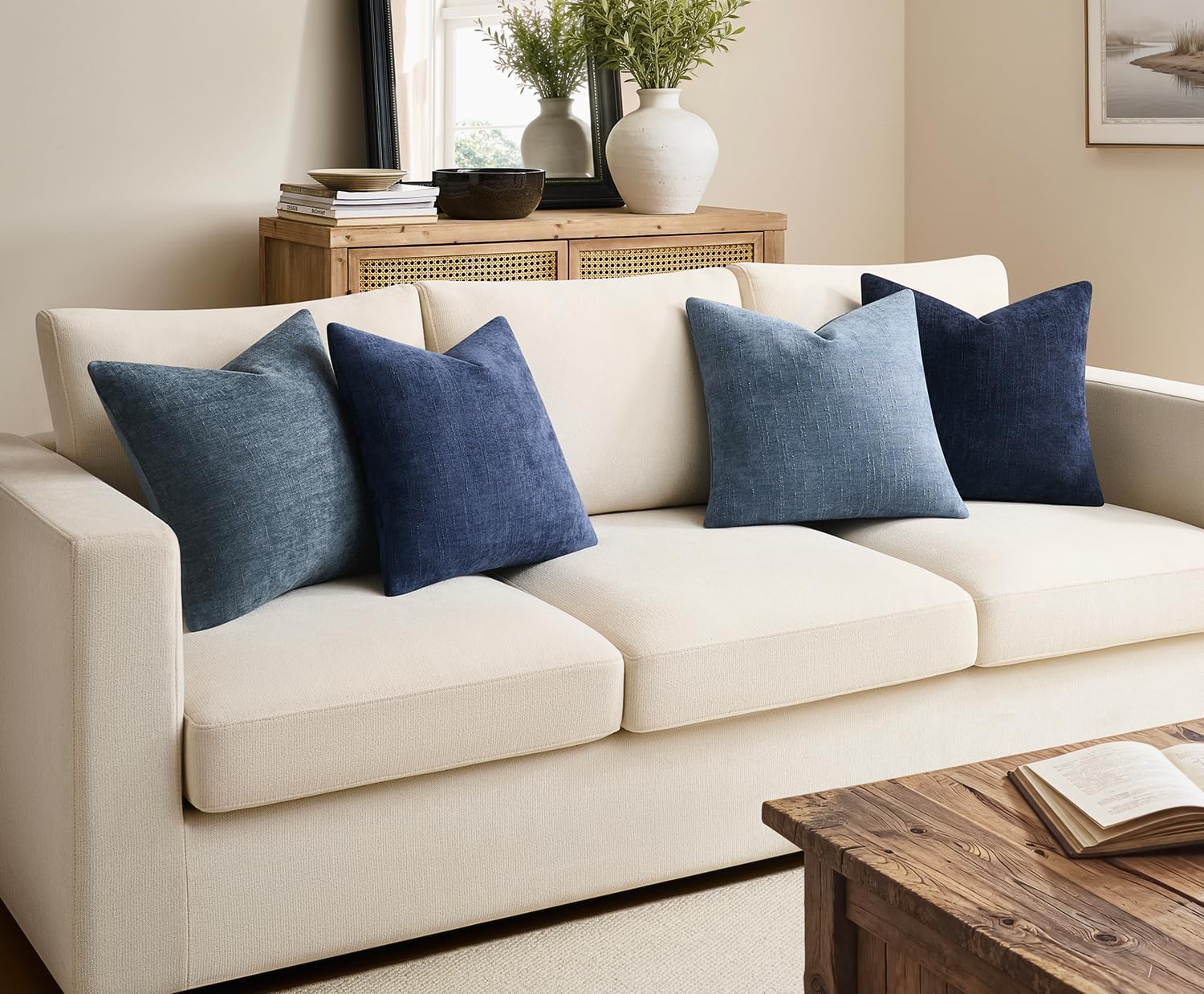 Neutral Blue Chenille Pillow Covers 4 Pack 22×22"