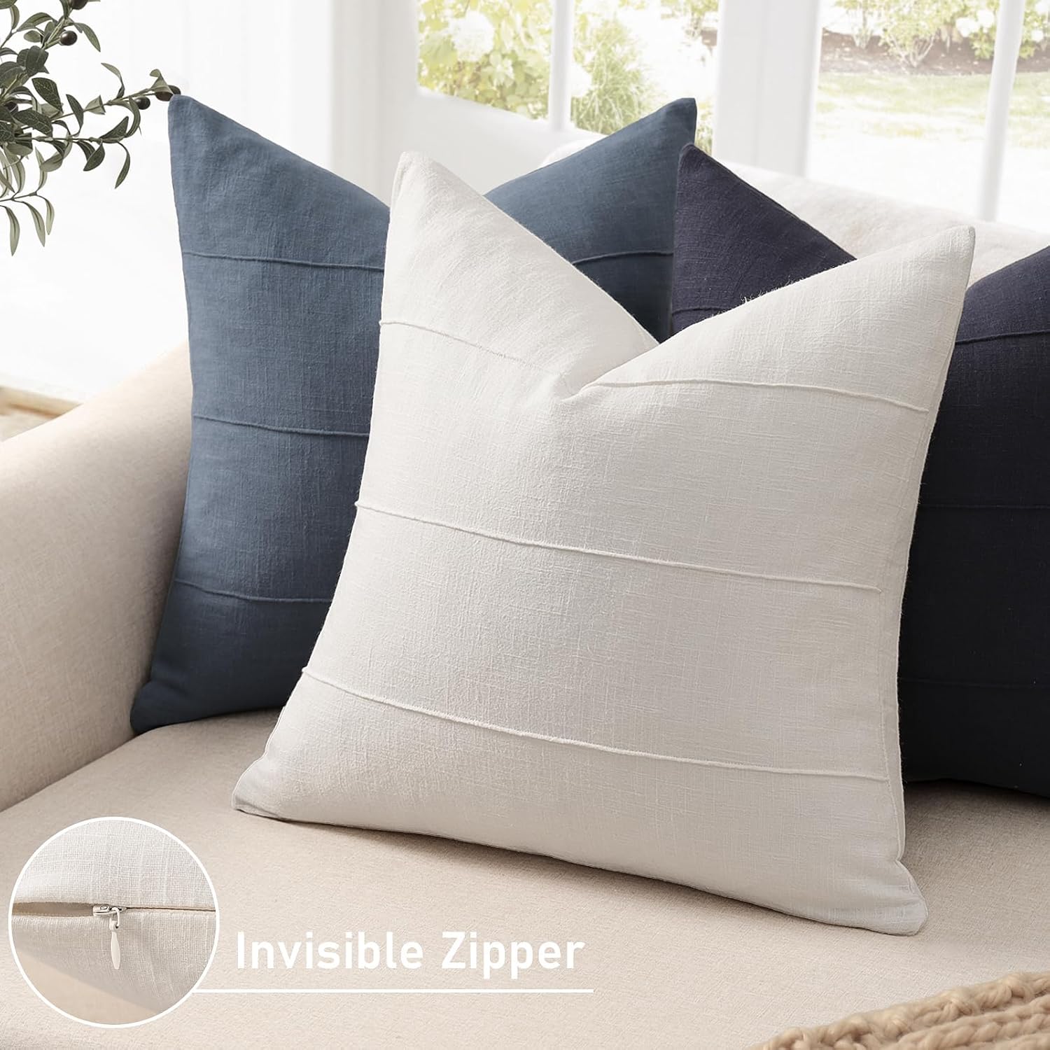 Cream White Striped Linen Pillow Covers Set of 2, 26x26
