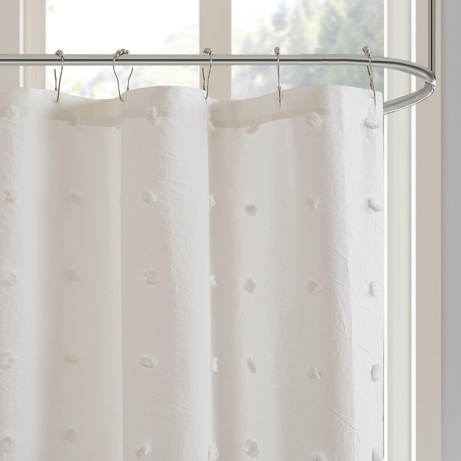 Ivory Jacquard Pom-Pom Fabric Shower Curtain