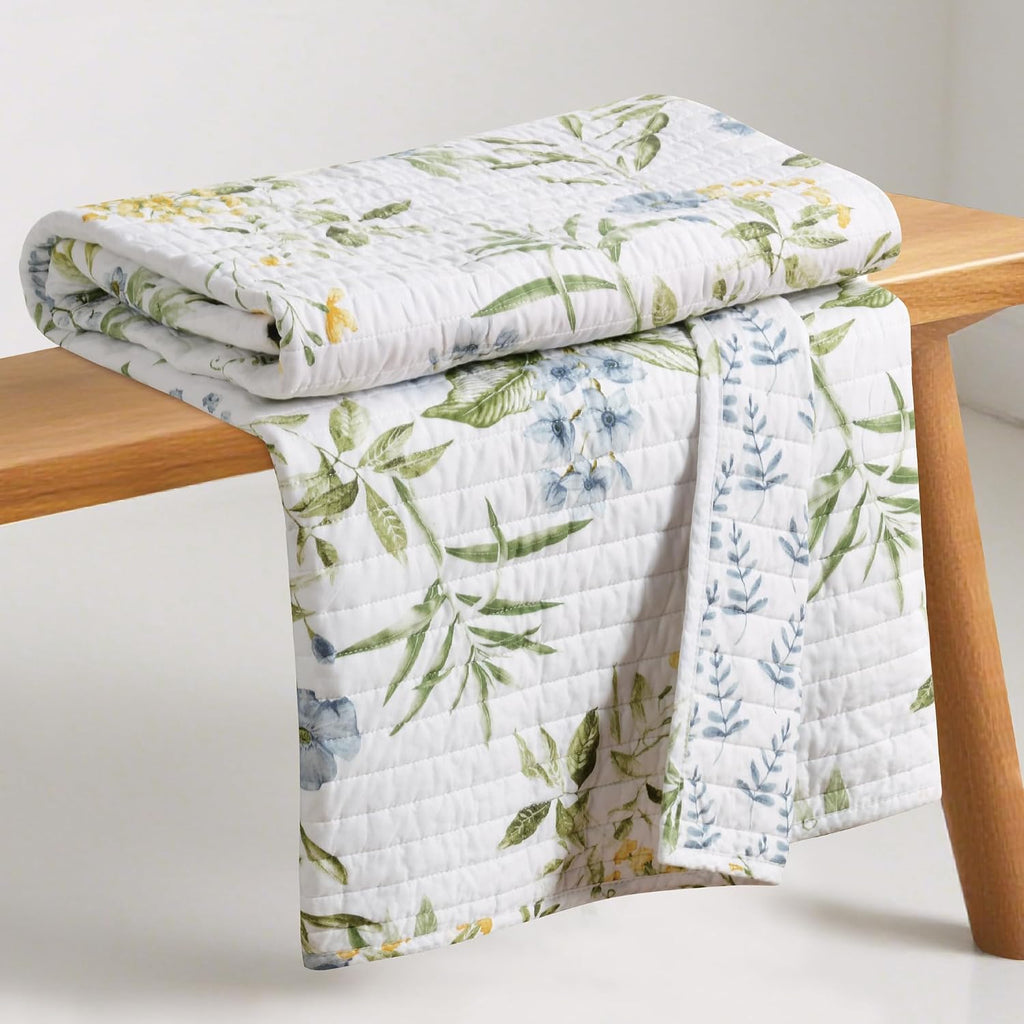 Blue Quilted Floral Cotton Throw 50x60in, Reversible