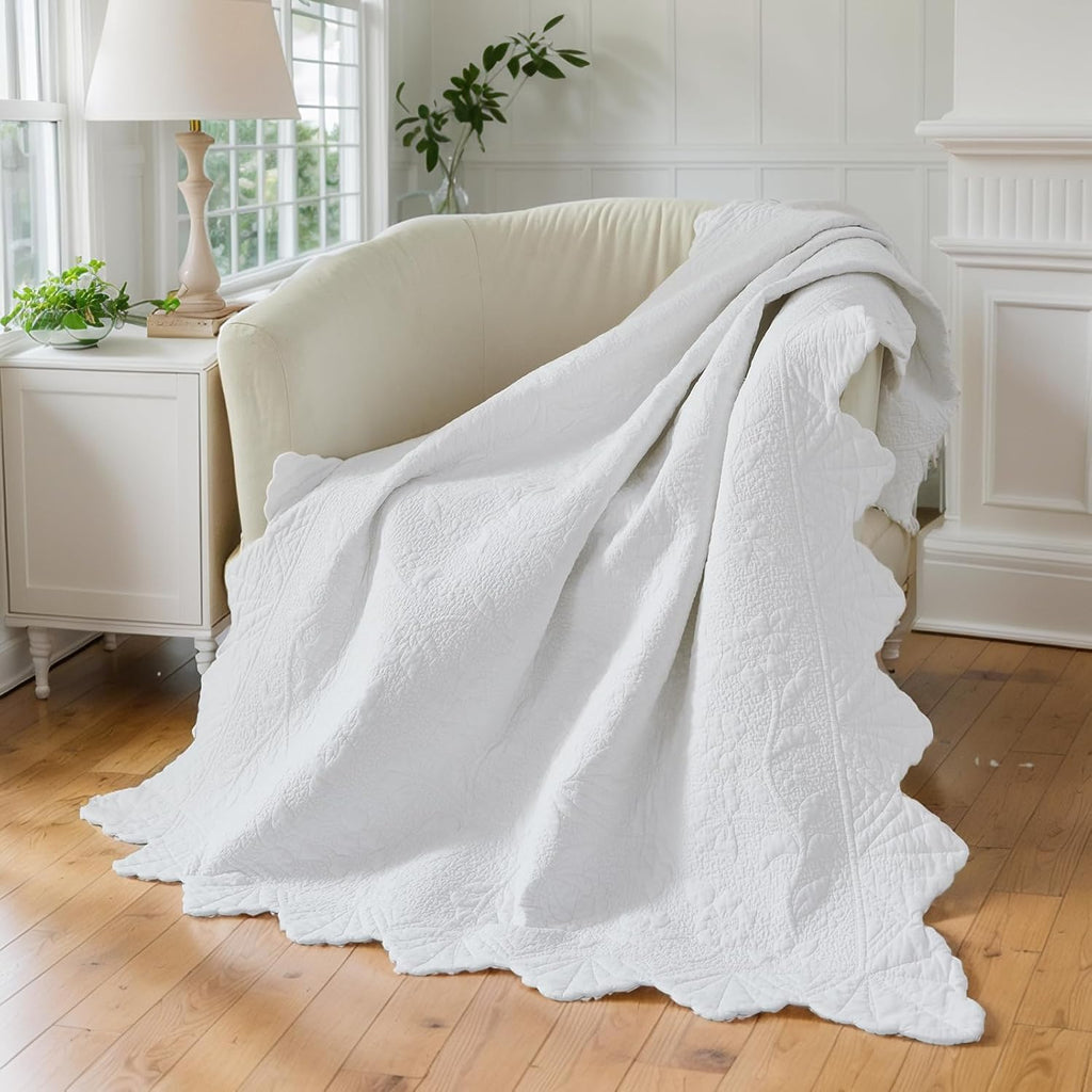 White Floral Quilted Throw Blanket 47×60 Inch
