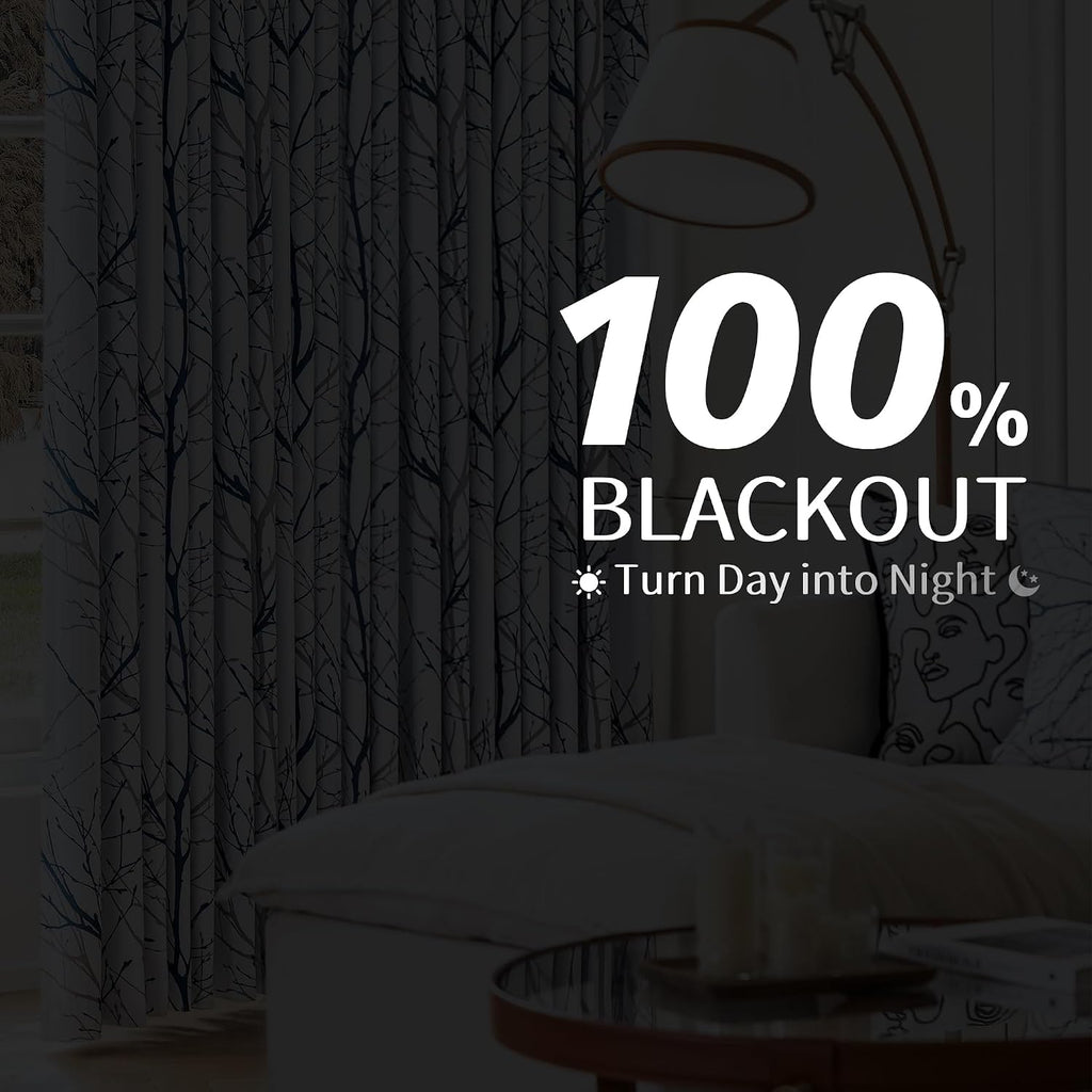 Blue Grey Tree Print Blackout Curtains 2 Panels