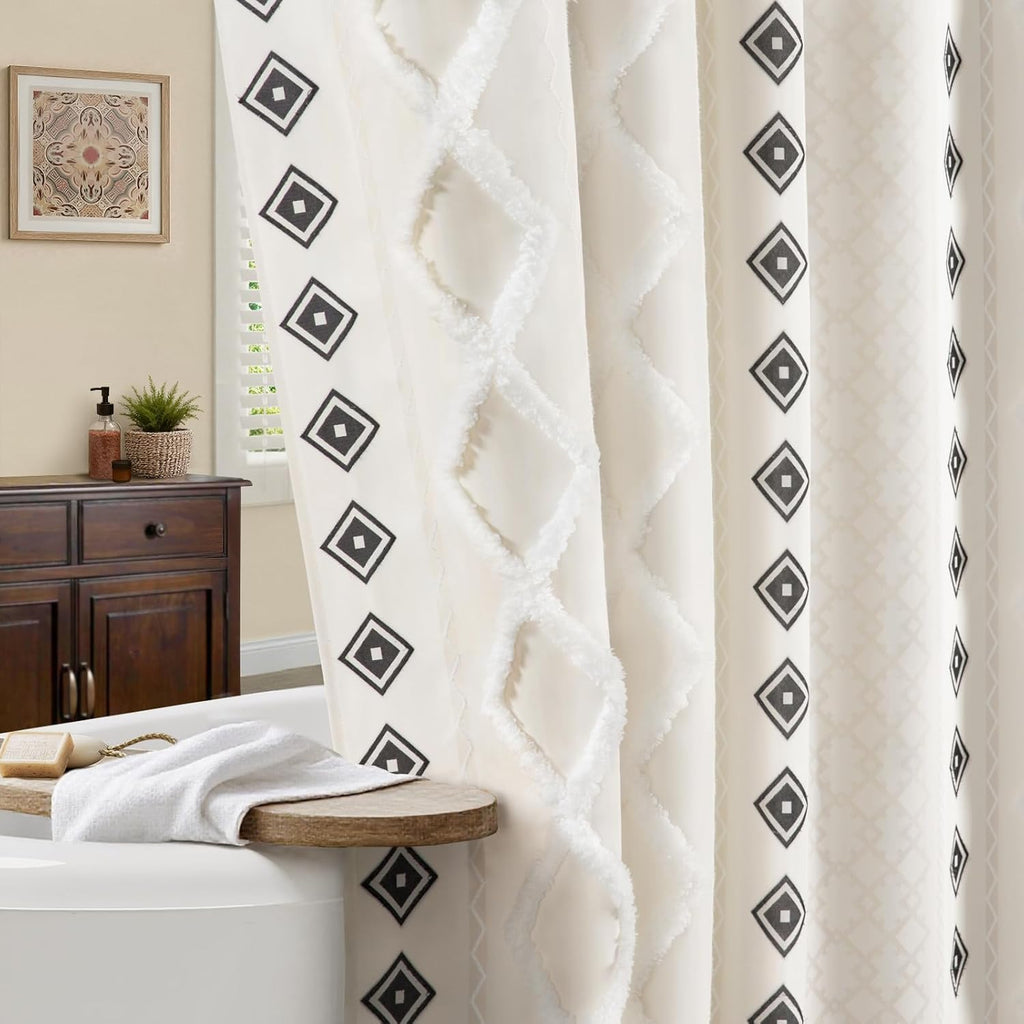 White Striped Print Boho Cotton Shower Curtain