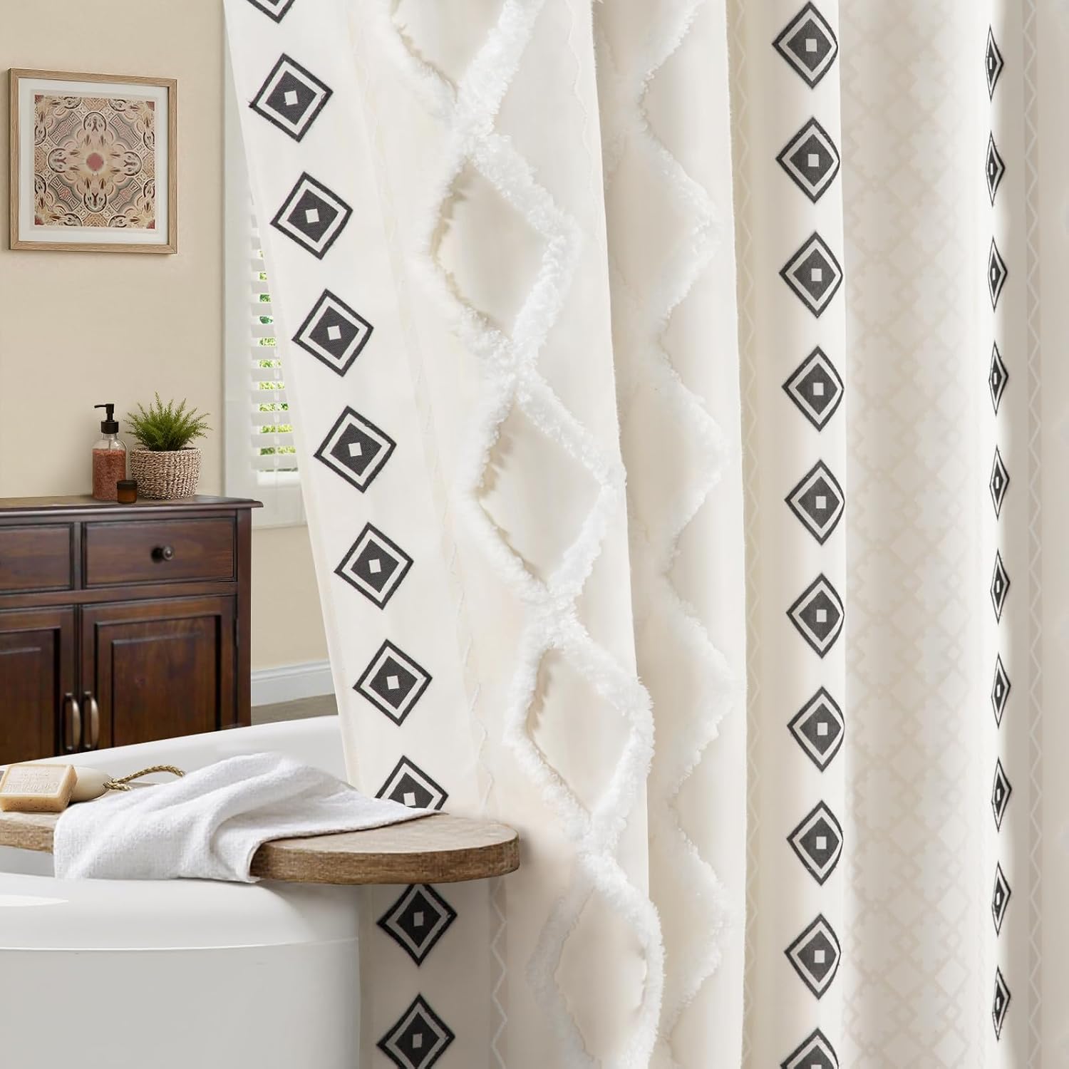 White Striped Print Boho Cotton Shower Curtain