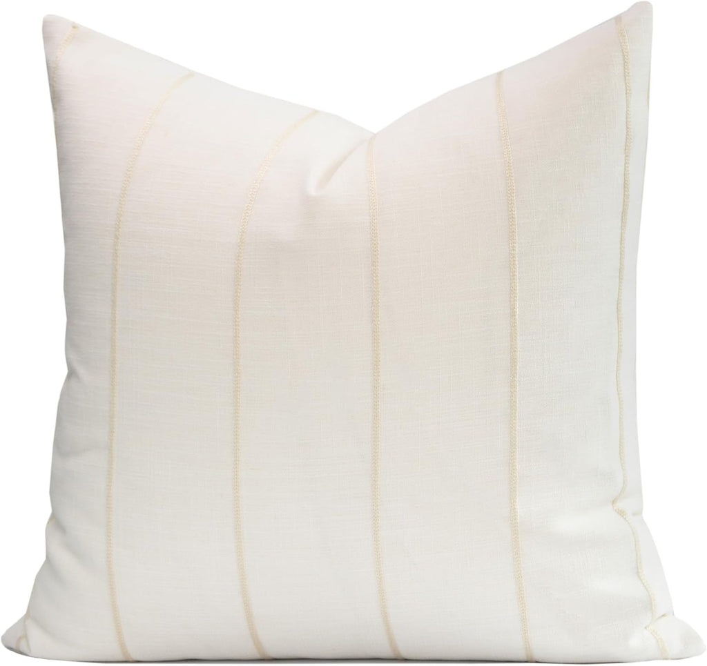 Beige Vertical Stripe Linen Pillow Cover 22"x22", Water Repellent