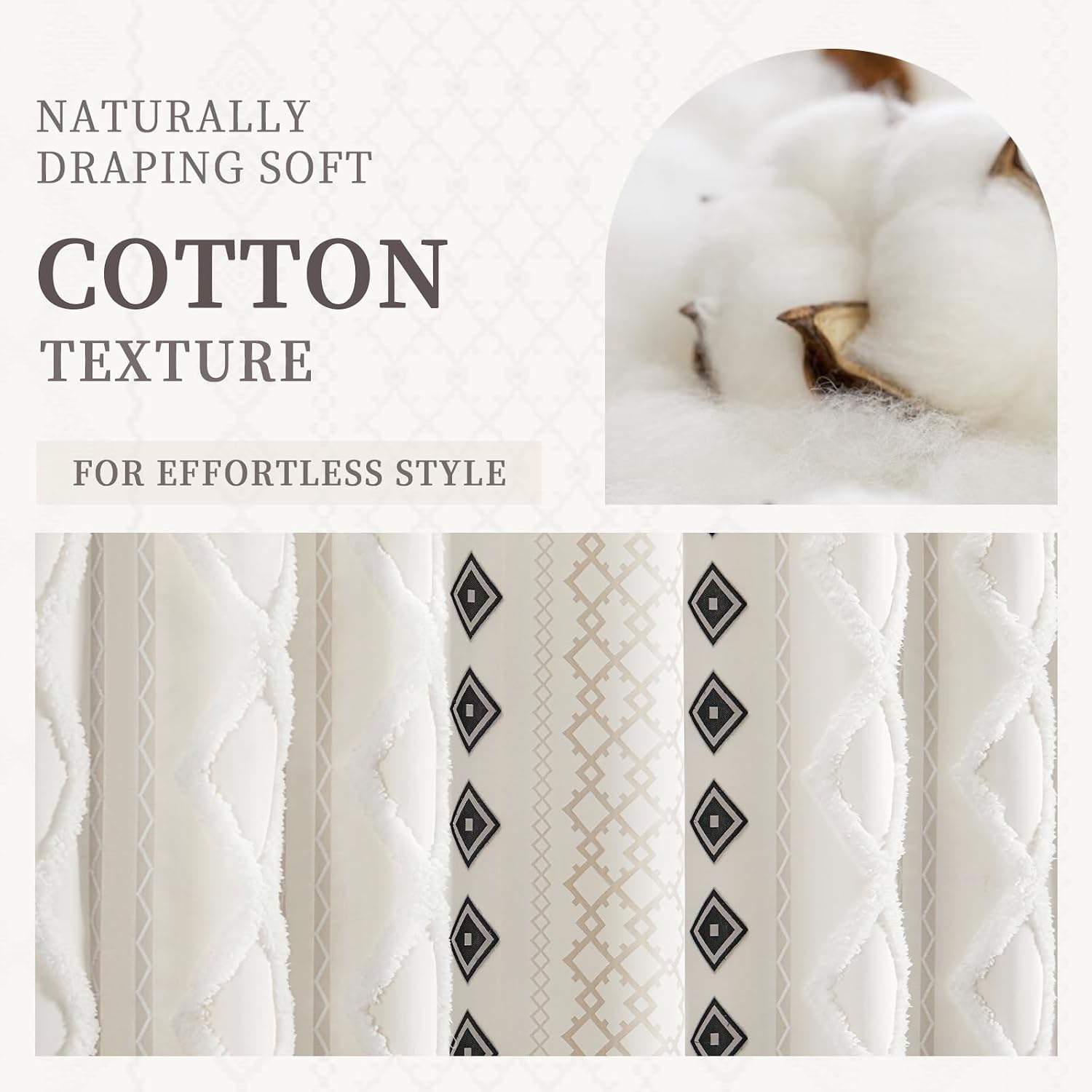 White Striped Print Boho Cotton Shower Curtain