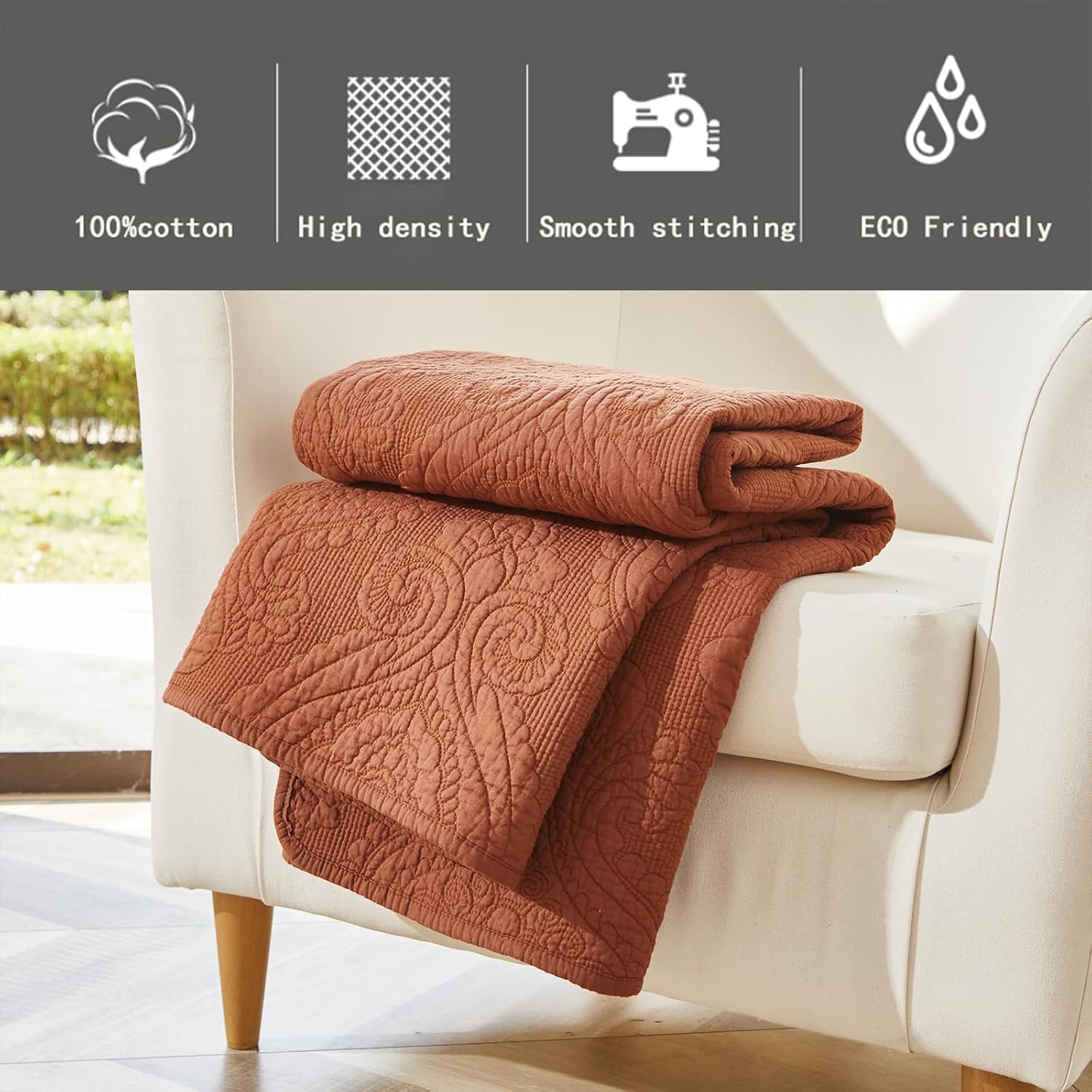 Burnt Orange Vintage Damask Cotton Quilted Throw 47x60 Inch