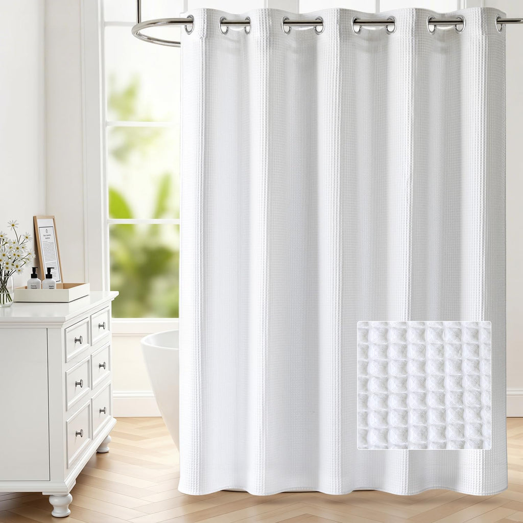 White Dream Waffle Hookless Shower Curtain with Snap Liner