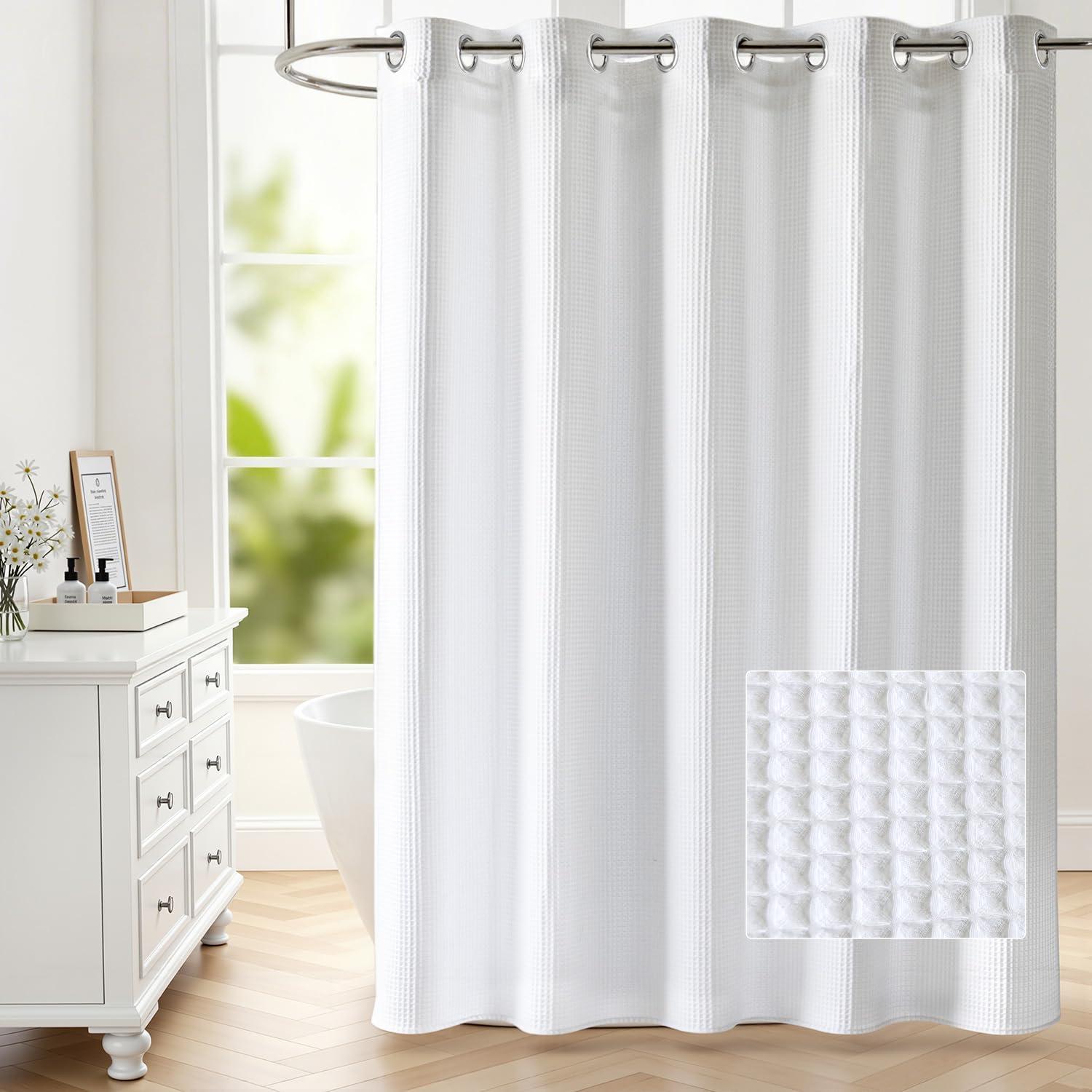 White Dream Waffle Hookless Shower Curtain with Snap Liner