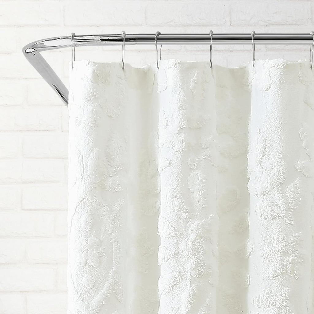 White Chenille Laurel Cotton Shower Curtain