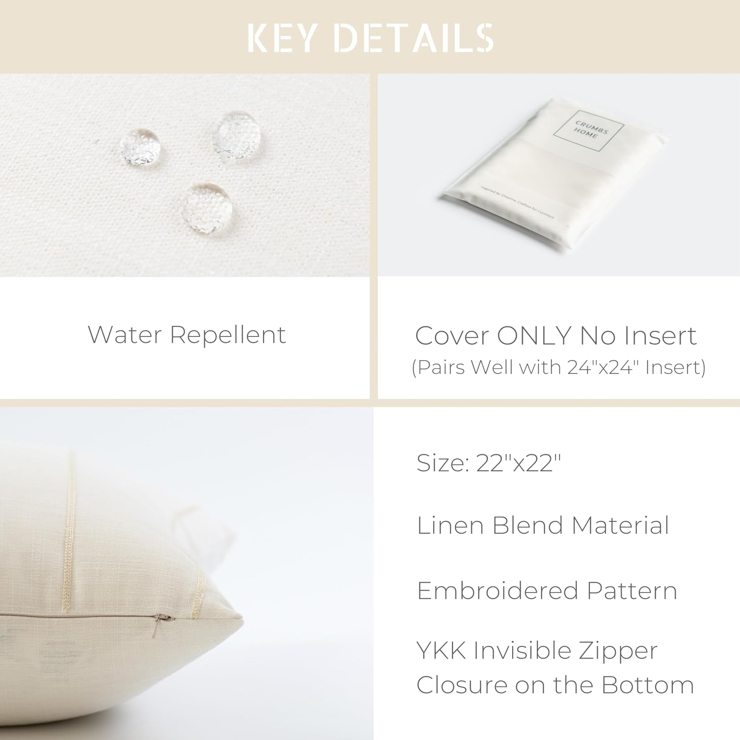 Beige Vertical Stripe Linen Pillow Cover 22"x22", Water Repellent