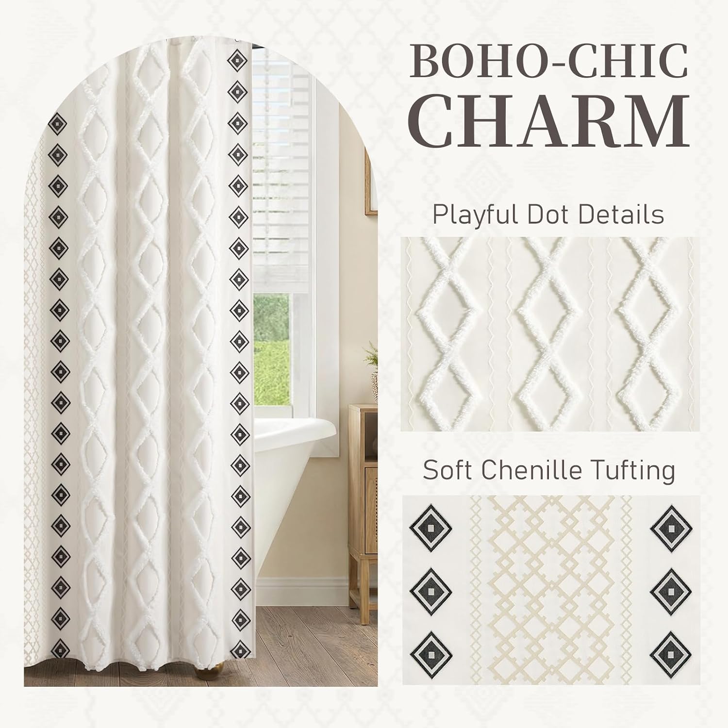 White Striped Print Boho Cotton Shower Curtain