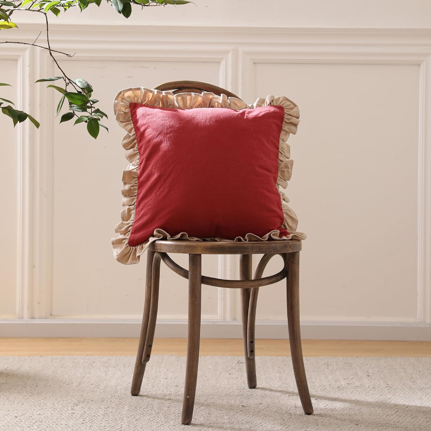 Vintage Red Ruffled Linen Pillow Covers Set of 2, 18"x18"