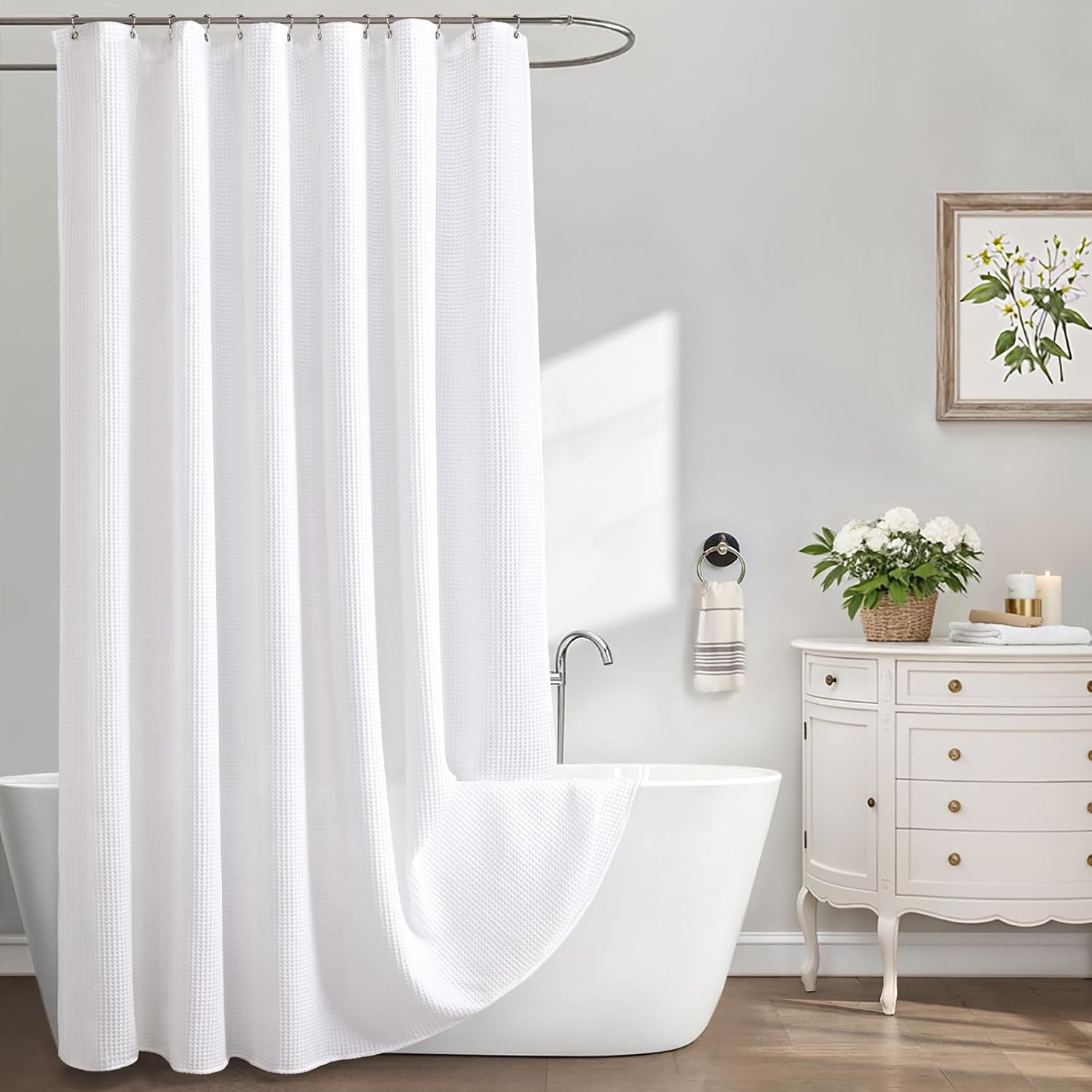 White Waffle Textured Cotton Shower Curtain 72Wx90L
