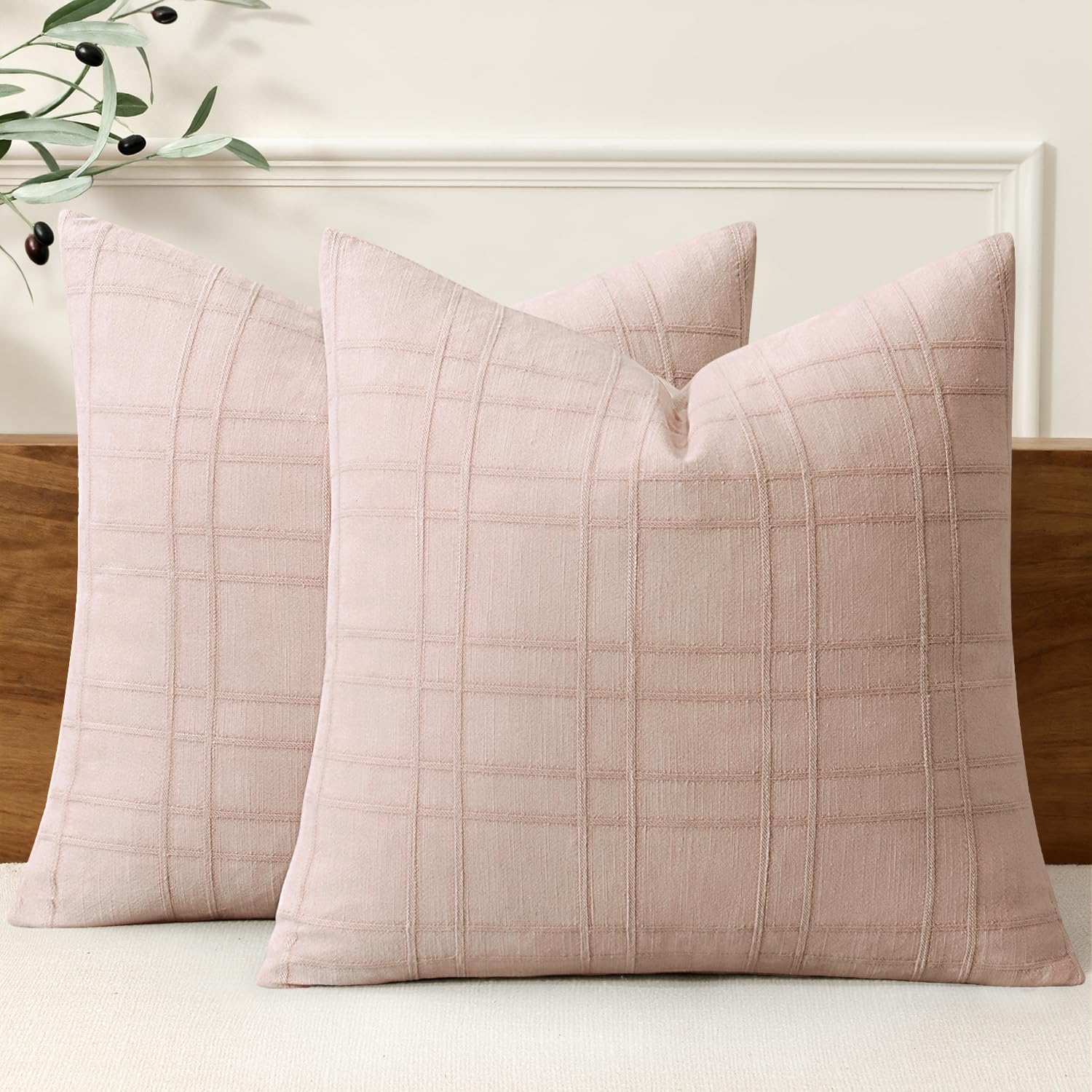 Light Pink Check Linen Pillow Covers Set of 2, 24x24