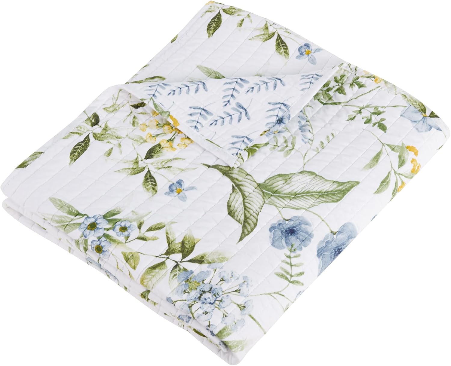 Blue Quilted Floral Cotton Throw 50x60in, Reversible