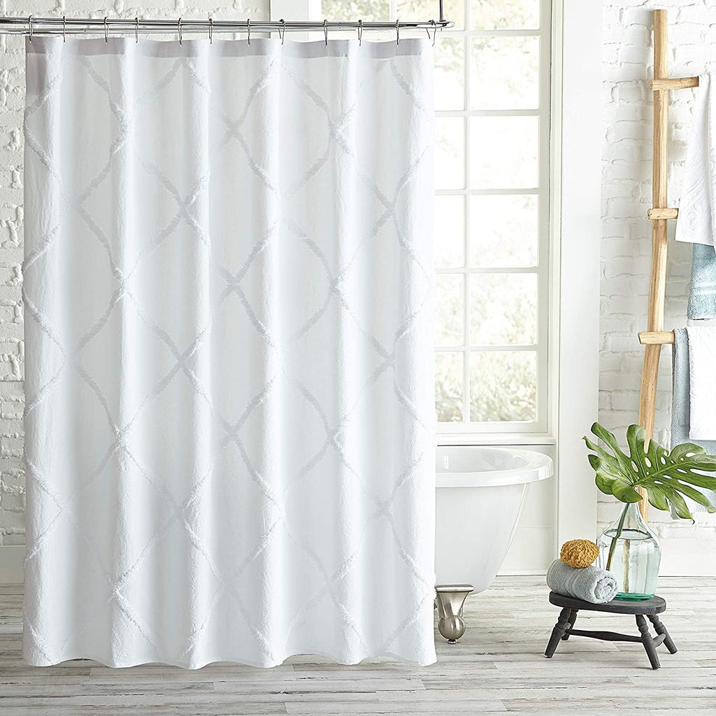 White Lattice Chenille Fabric Shower Curtain