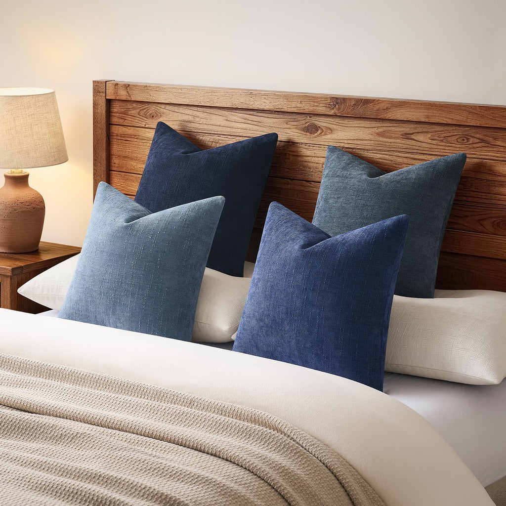 Neutral Blue Chenille Pillow Covers 4 Pack 22×22"