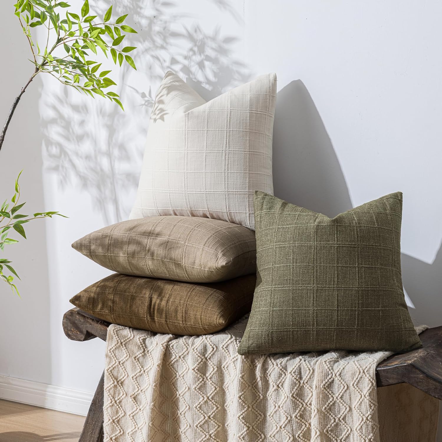 Brown Check Linen Pillow Covers Set of 2, 28"x28"