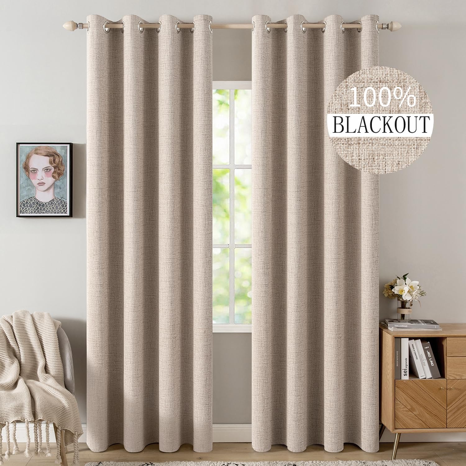 Beige Textured Blackout Curtains 2 Panels 52×108 Inch