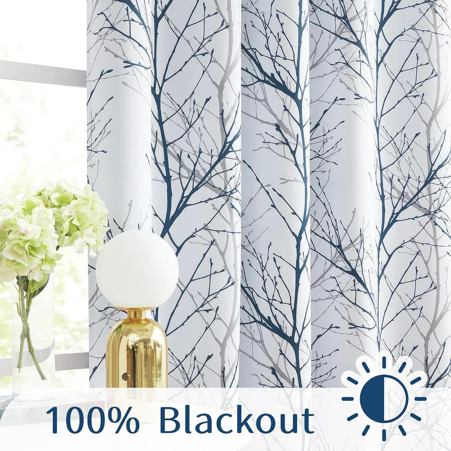 Blue Grey Tree Print Blackout Curtains 2 Panels
