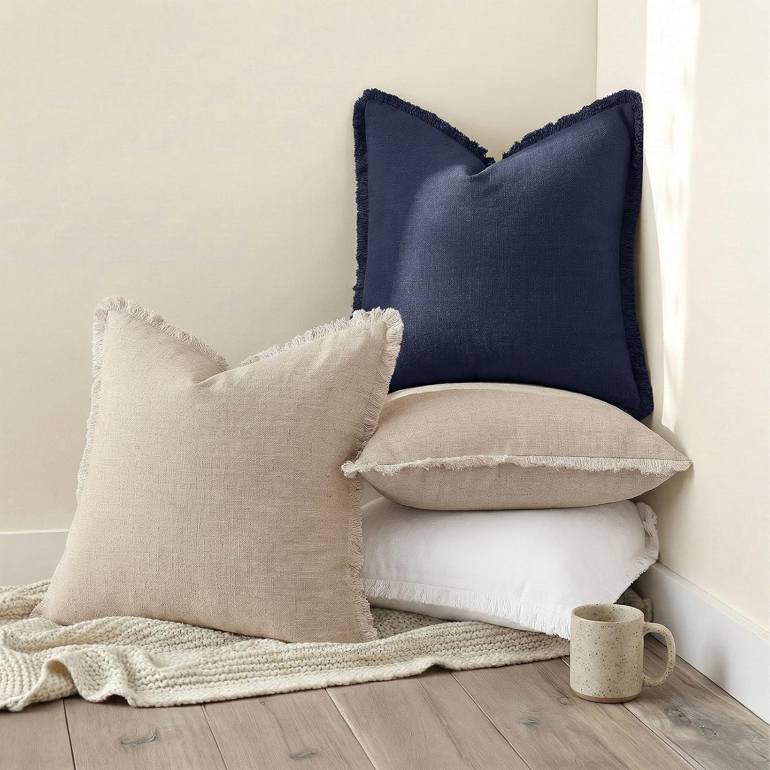 Navy Linen Pillow Covers 2 Pack 22×22 Inch