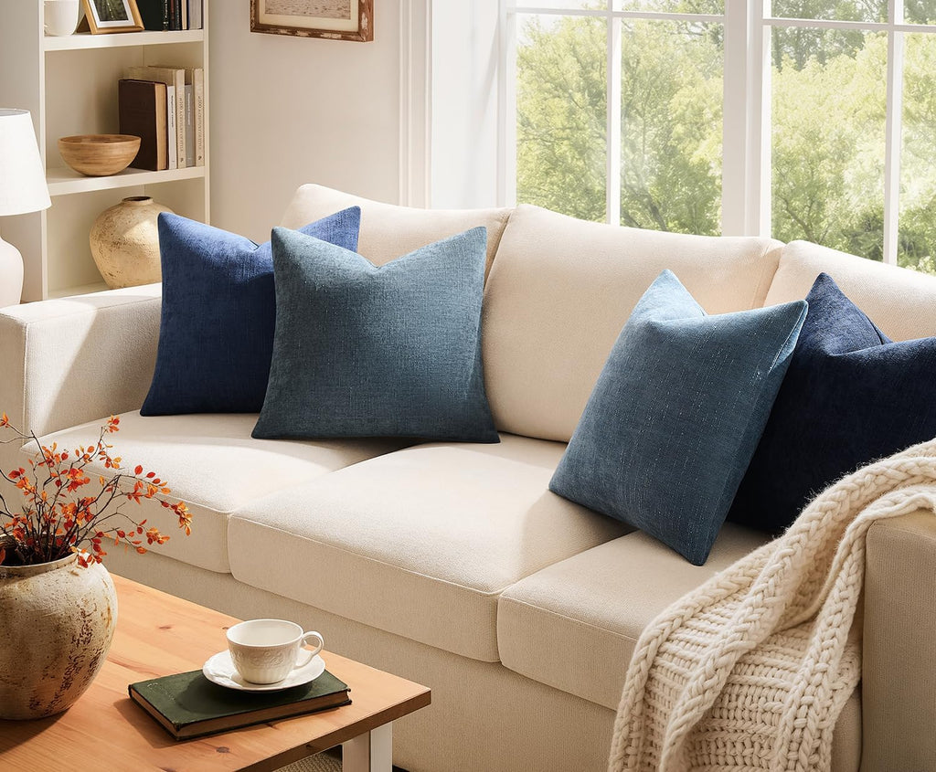 Neutral Blue Chenille Pillow Covers 4 Pack 22×22"