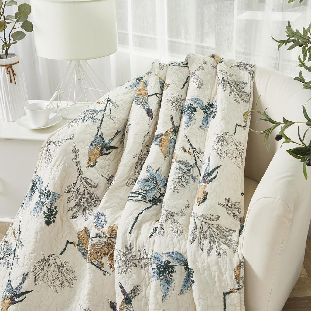 Beige Bird Print Cotton Quilted Throw 47x60 Inch