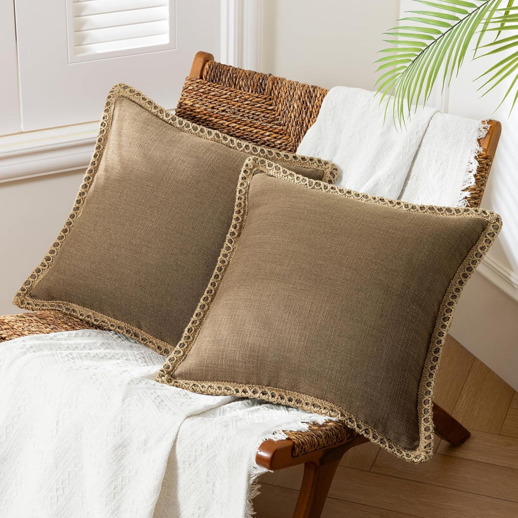 Coffee Solid Burlap Linen Pillow Covers Set of 2, 26x26