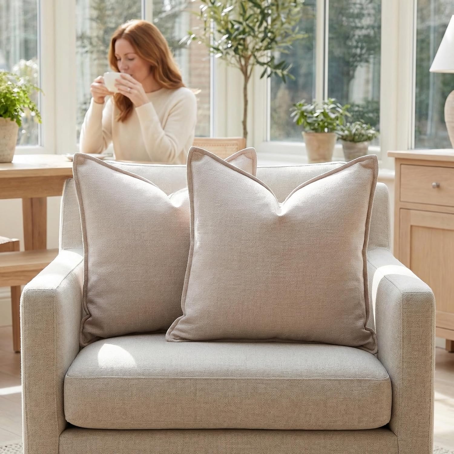 Beige Chenille Linen Textured Pillow Covers Set of 2, 20x20