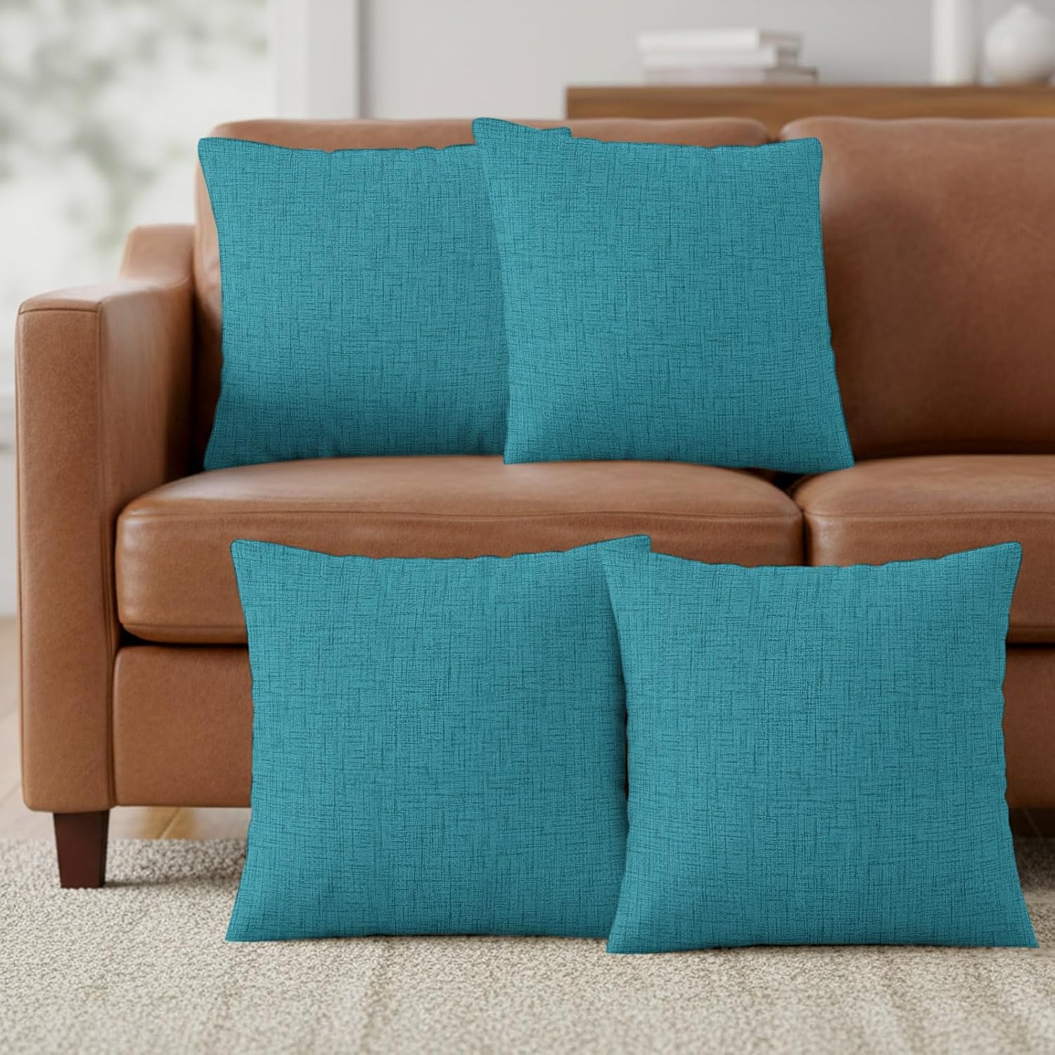 Teal Blue Cotton Linen Pillow Covers Set of 4, 16x16
