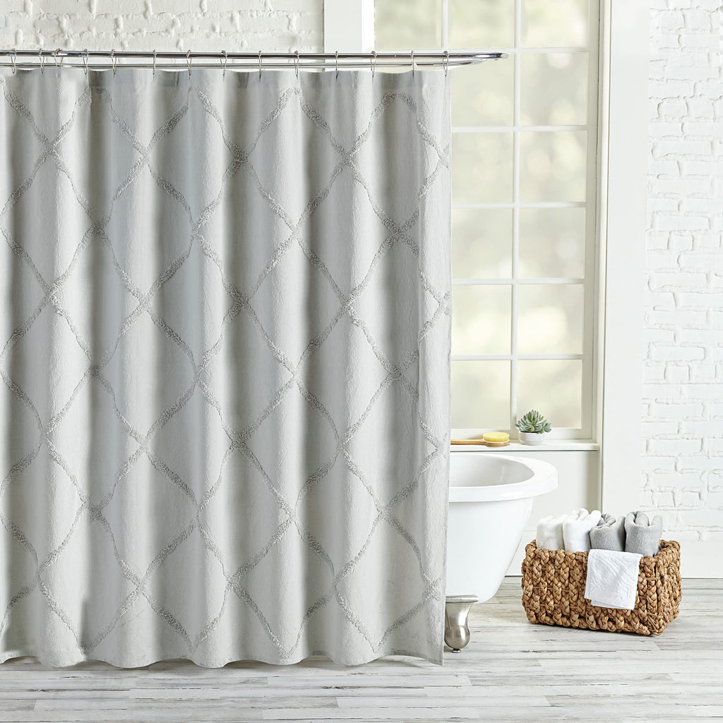 White Lattice Chenille Fabric Shower Curtain