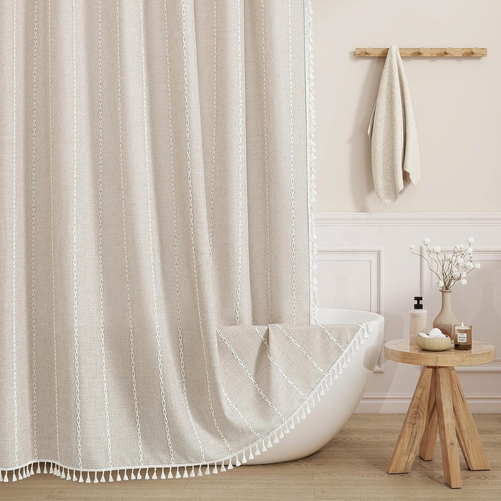 Beige Tassel Linen Boho Shower Curtain