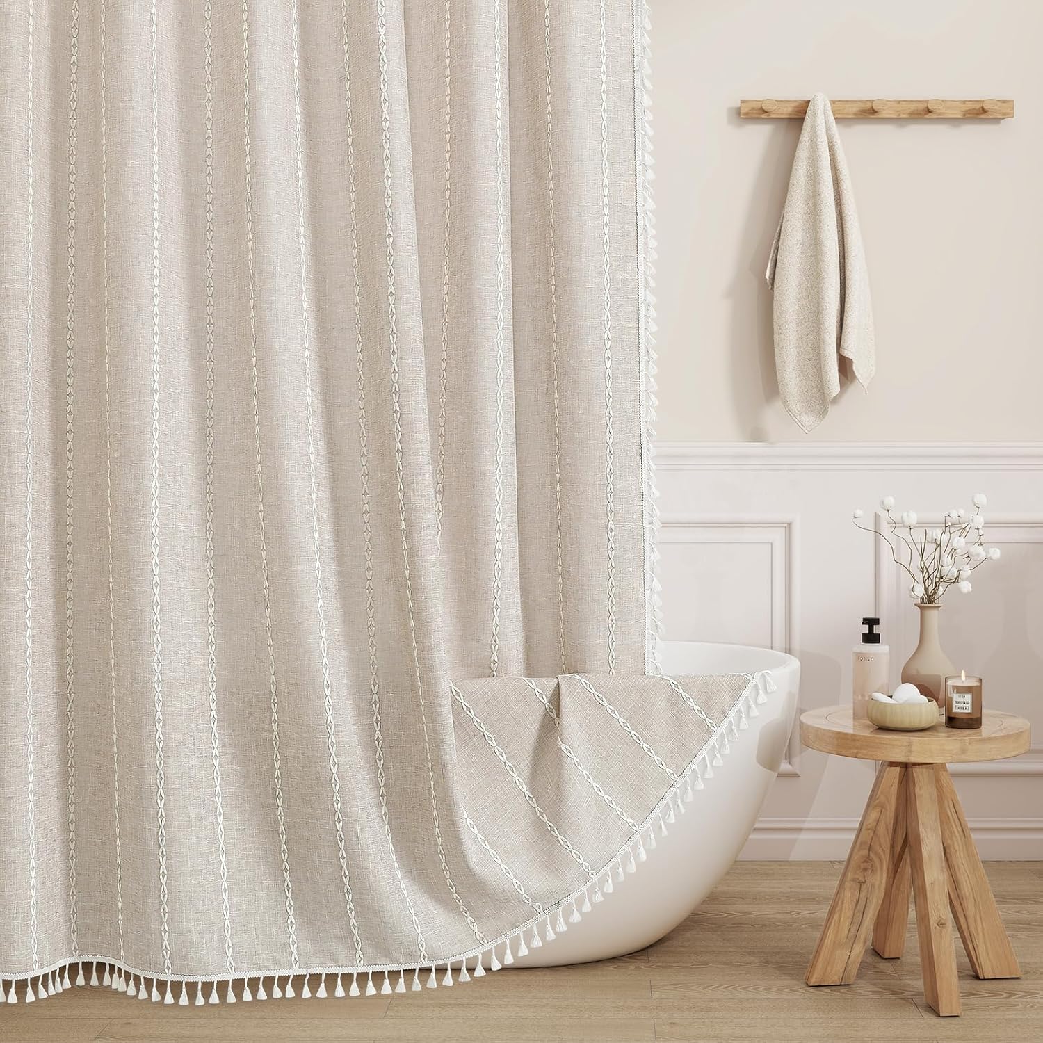 Beige Tassel Linen Boho Shower Curtain