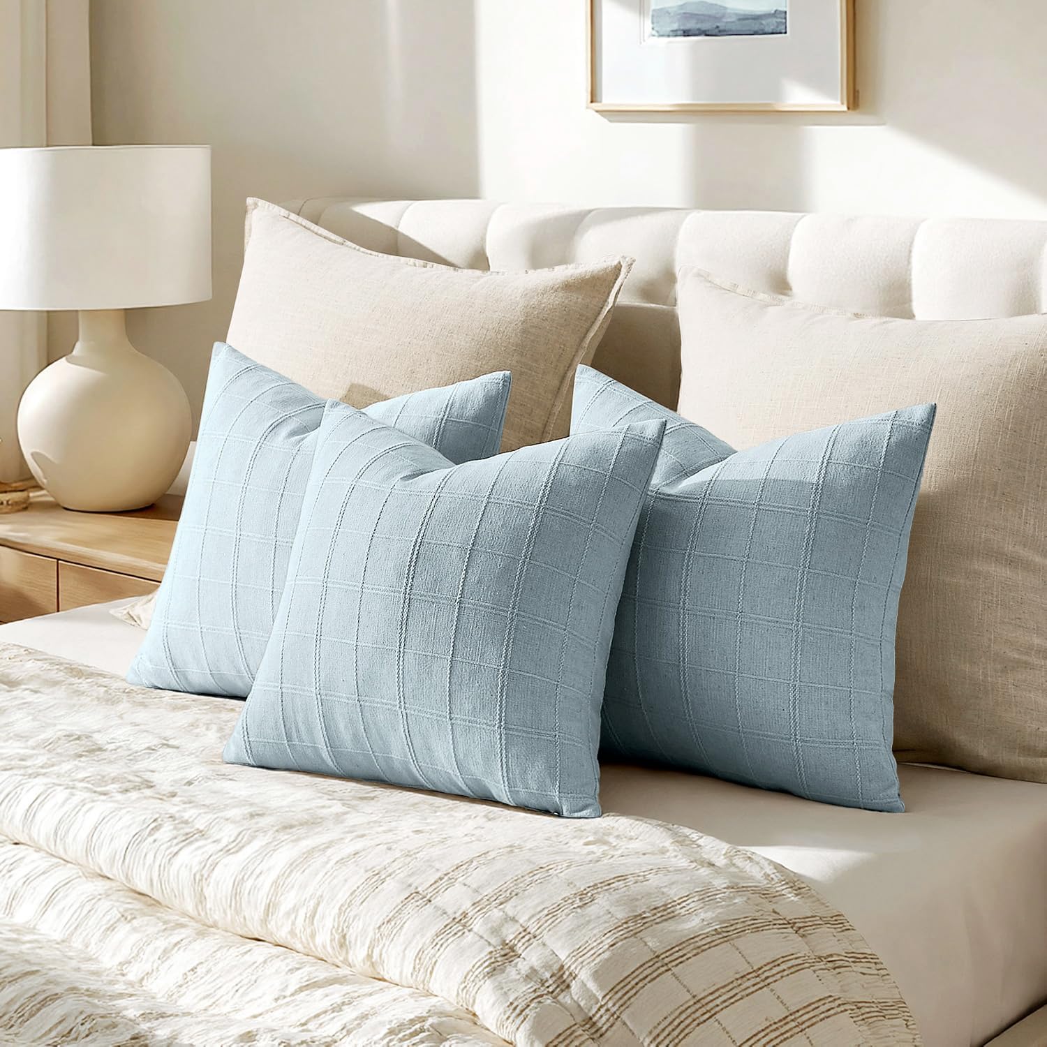 Light Blue Check Linen Pillow Covers Set of 2, 24x24