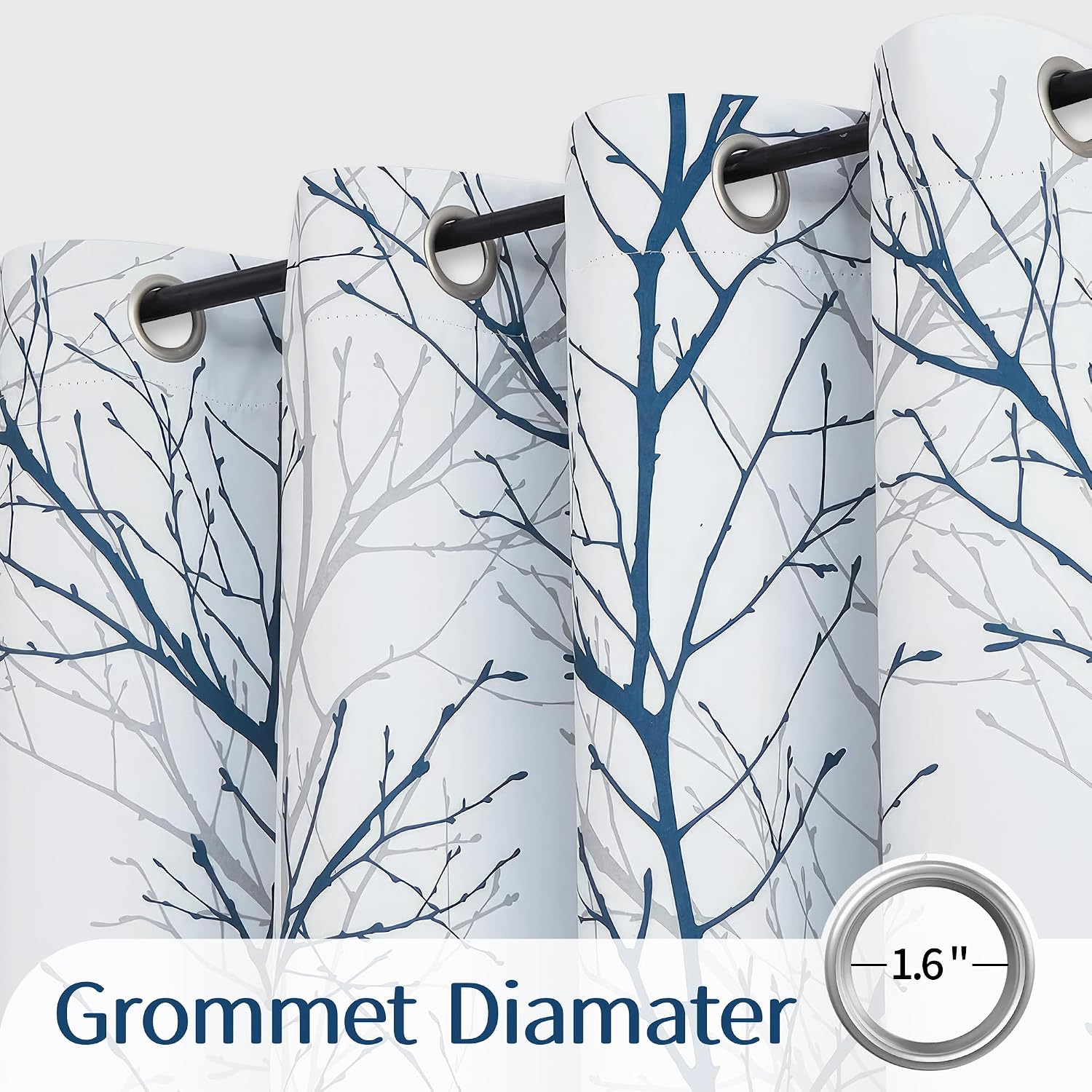 Blue Grey Tree Print Blackout Curtains 2 Panels