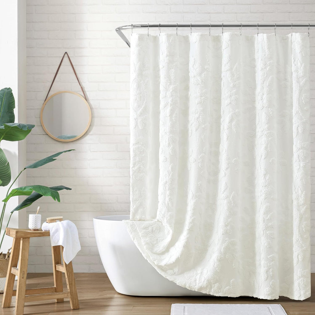 White Chenille Laurel Cotton Shower Curtain