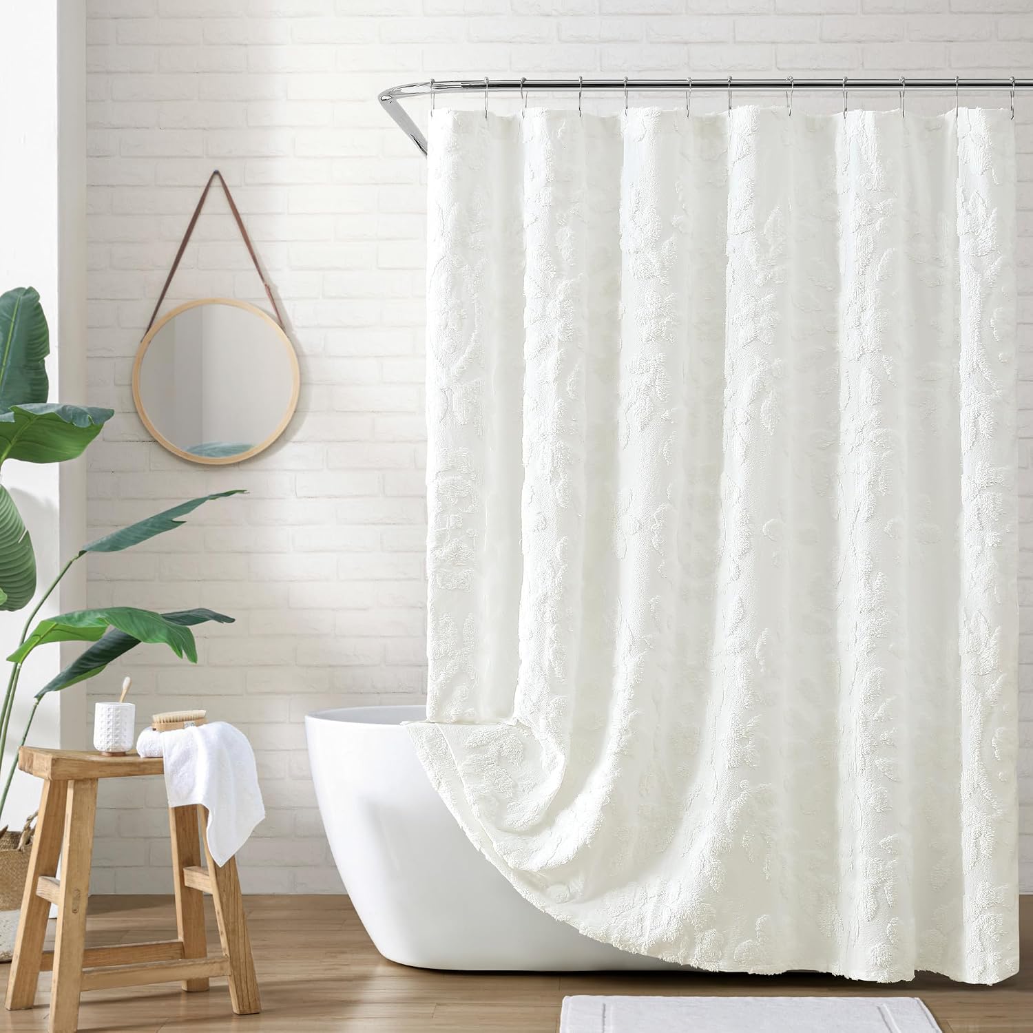 White Chenille Laurel Cotton Shower Curtain