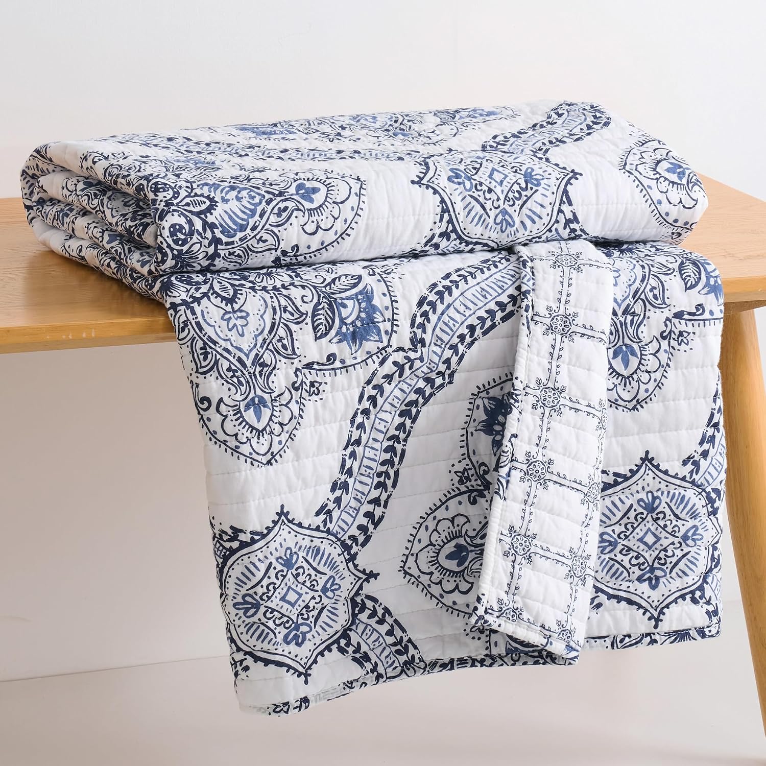 Navy Medallion Tile Quilted Cotton Throw 50x60in, Reversible