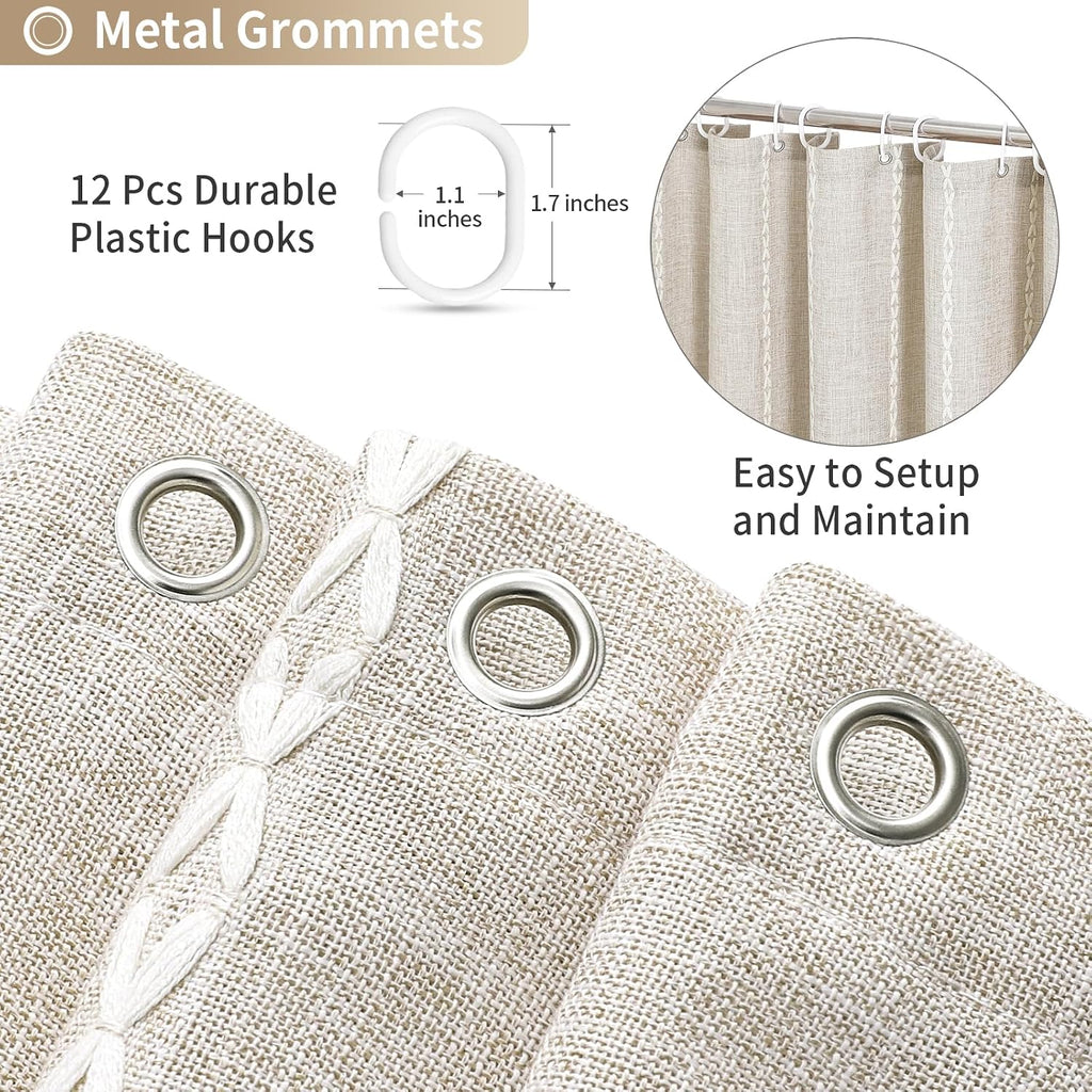 Beige Tassel Linen Boho Shower Curtain